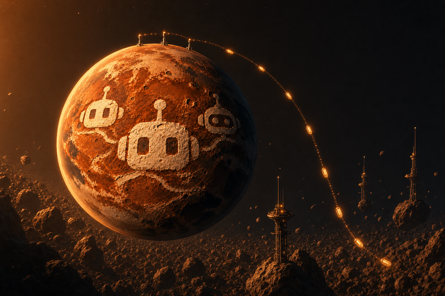 The planet floats over an asteroid field while glowing message capsules arc down to relay towers