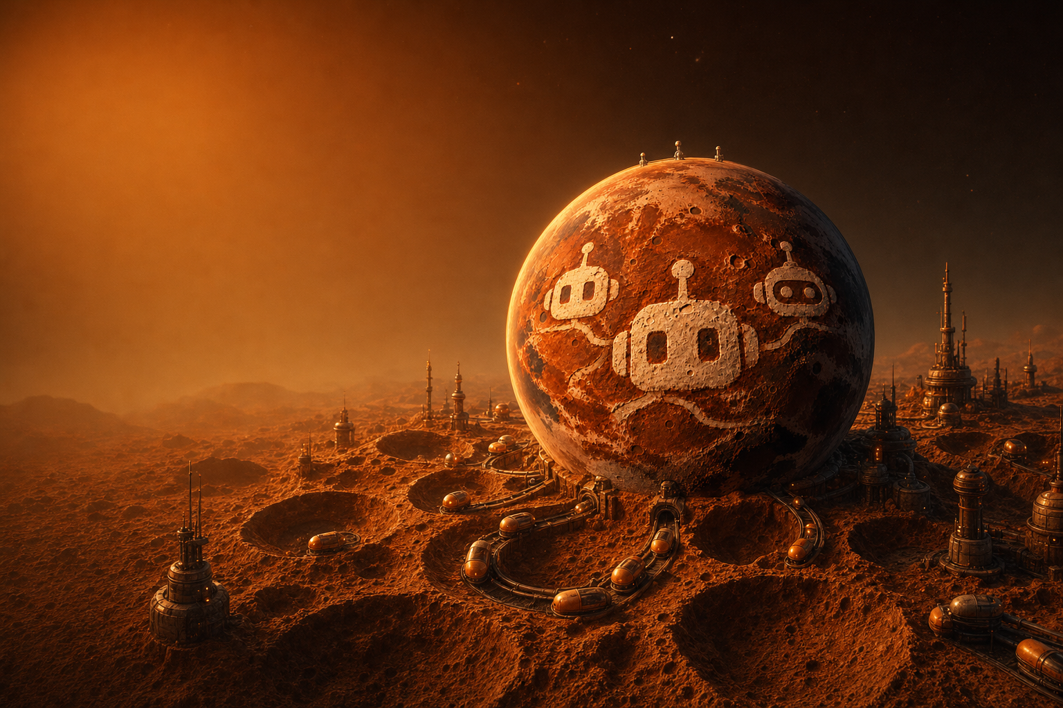 The planet rests on a cratered plain surrounded by brass towers and capsule trains