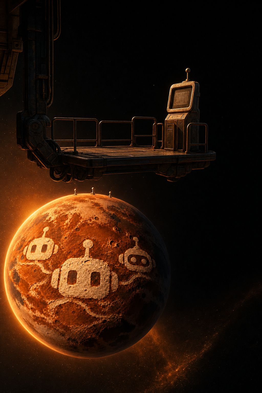An empty platform with a terminal chair hangs above the planet